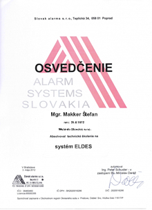 Osvedčenie  Alarm ELDES