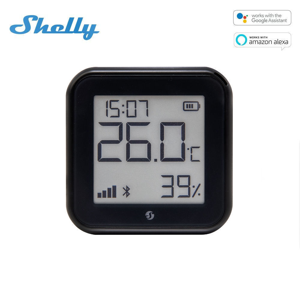 Shelly PLUS GEN3 H&T Wi-Fi + Bluetooth snímač vlhkosti a teploty s e-papierovým displejom Čierna